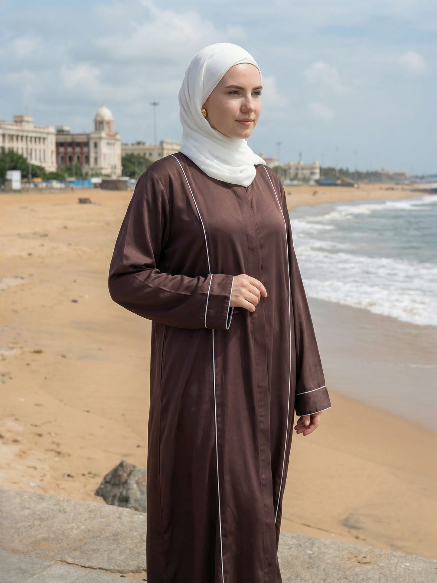 Minimalist Brown Abaya with Contrast Piping