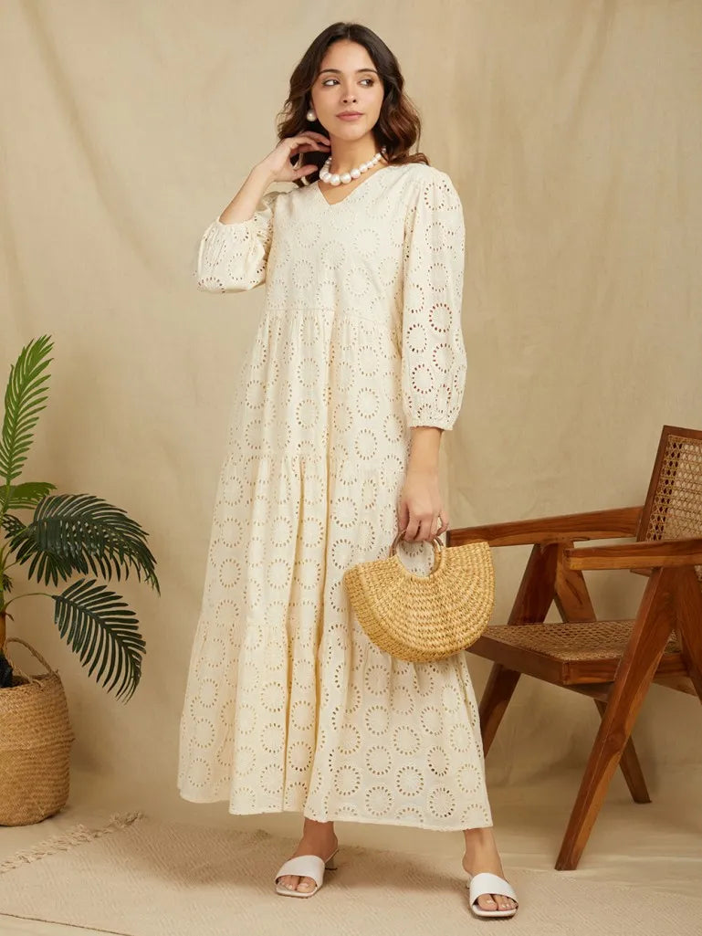 Self Design Puff Sleeve Cotton Schiffli Tiered Maxi Dress