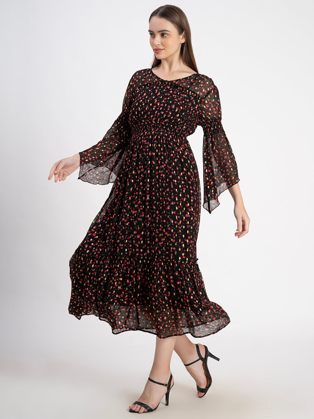 Floral Print Chiffon A-Line Midi Dress