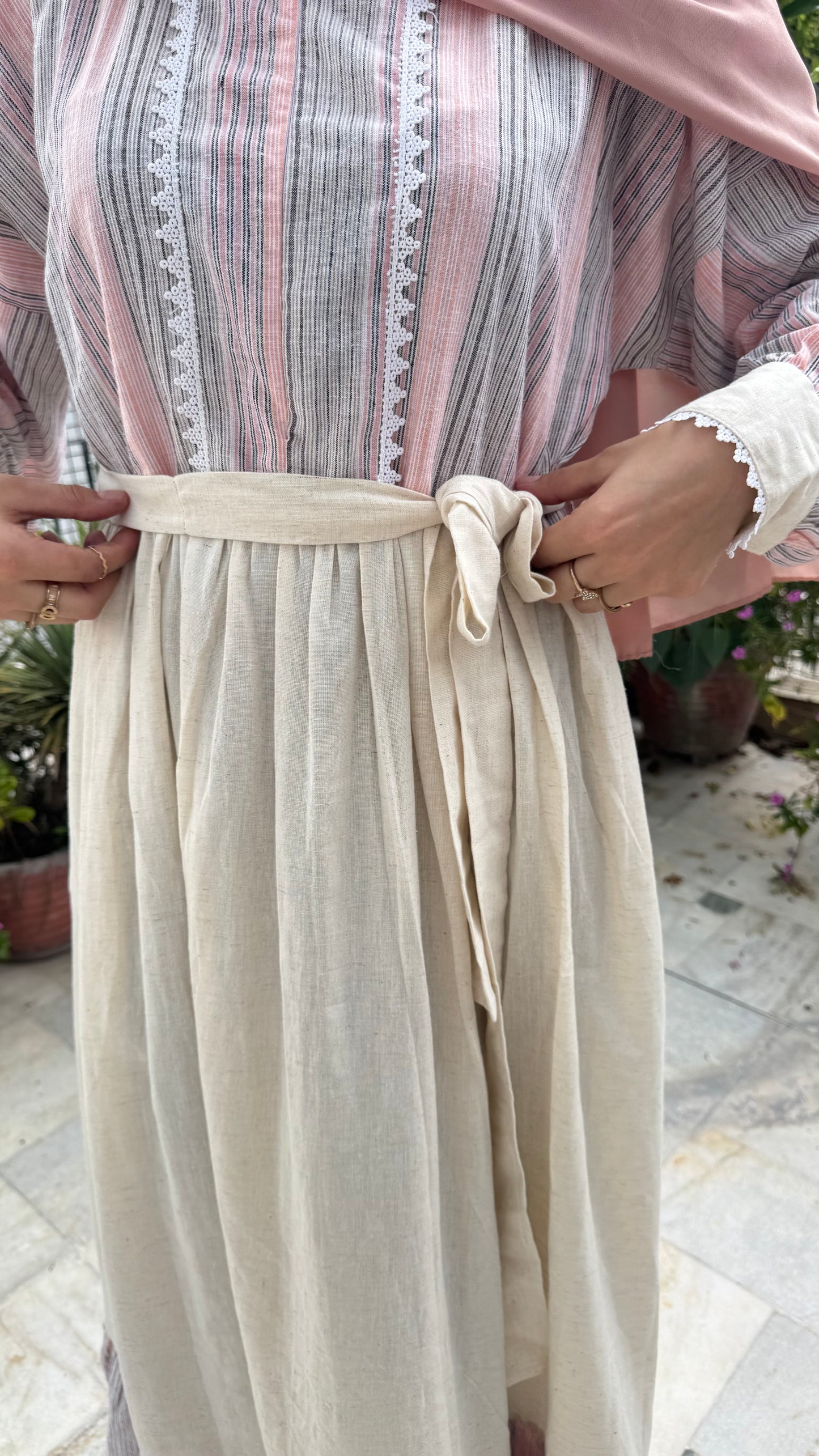Elegant Pastel Striped Maxi Dress with Belt – Modest Wear