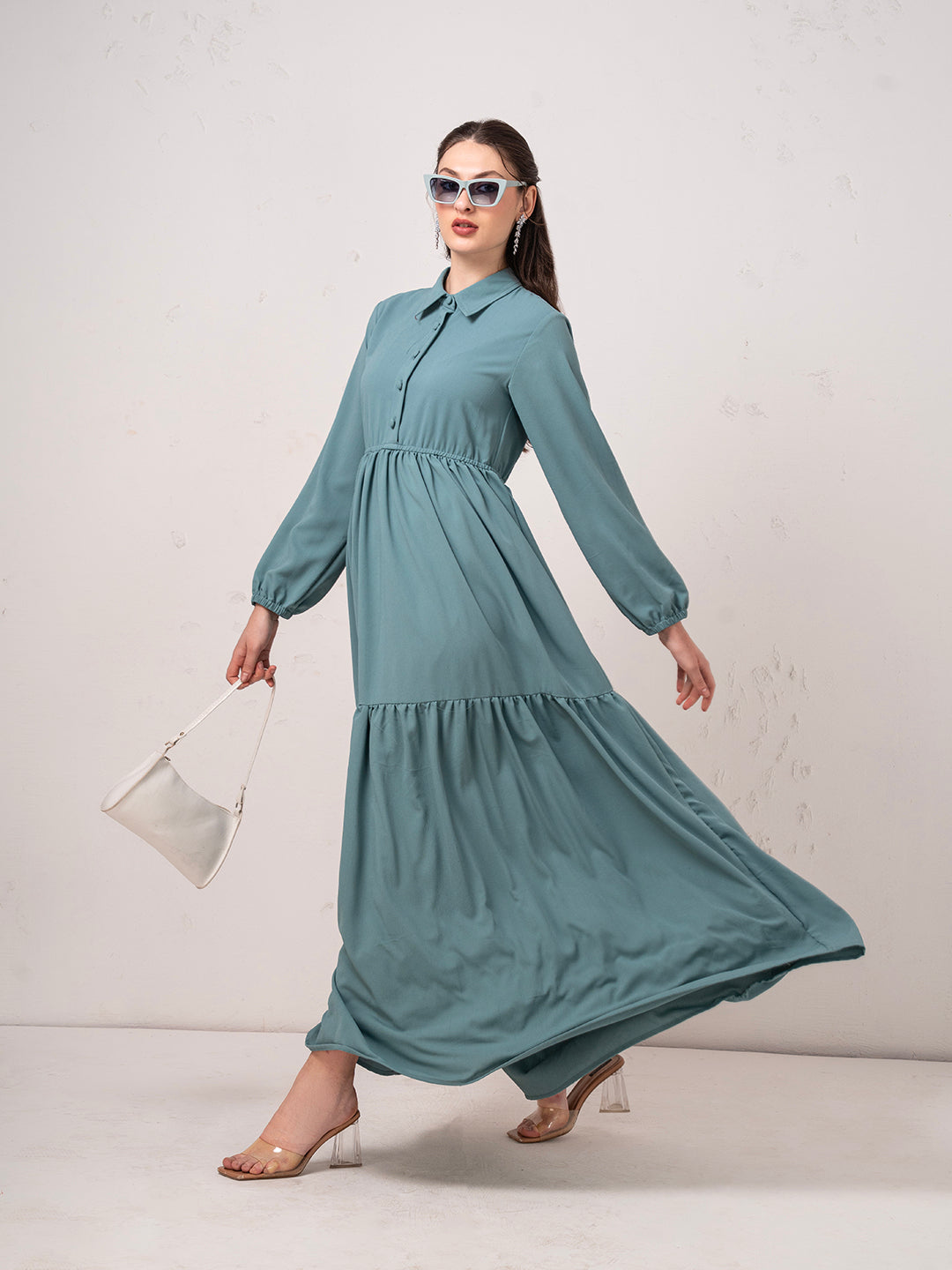 Elegant Teal Modest Maxi Tier Flare Dress with Button Detail