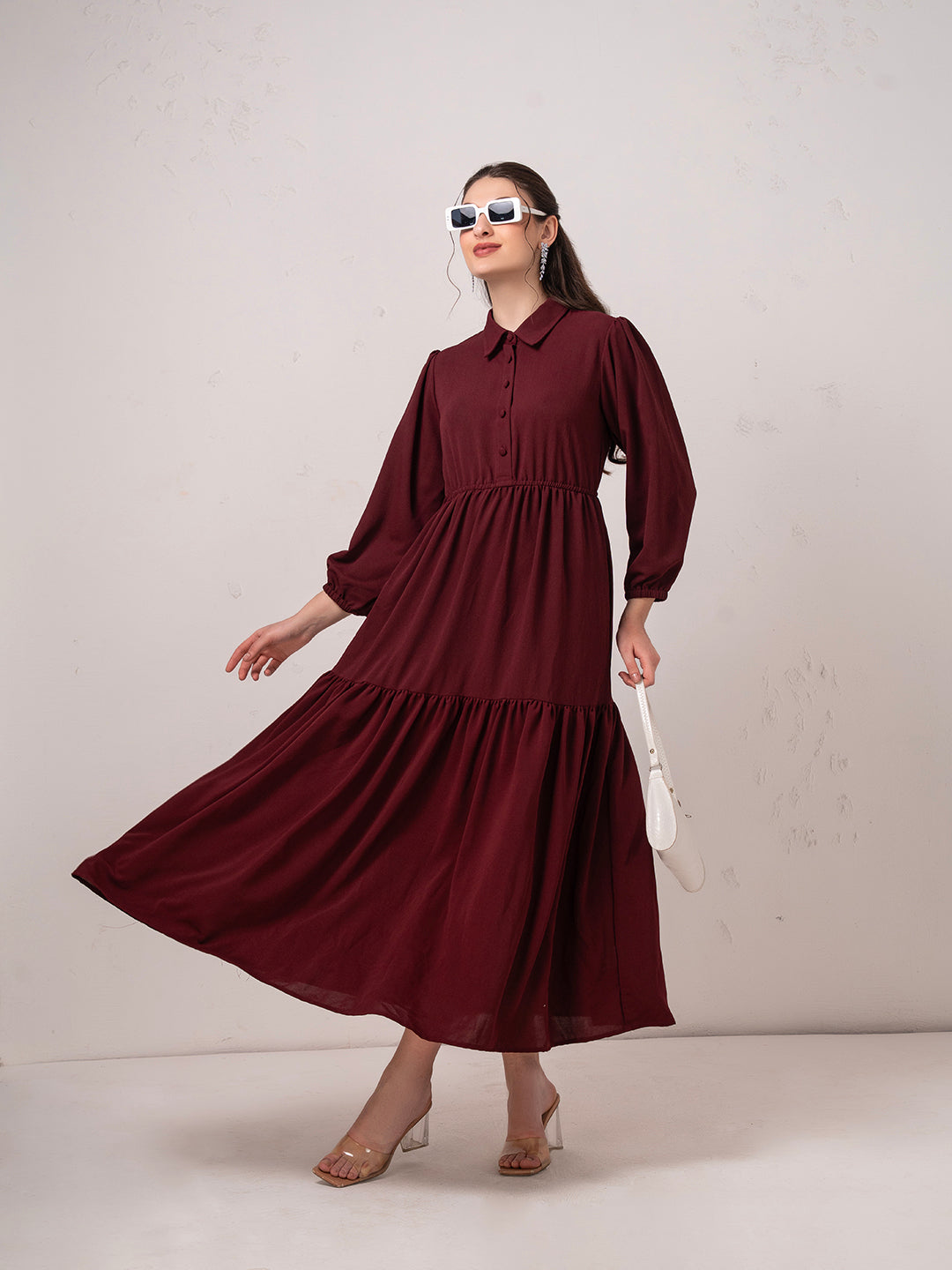 Classic Burgundy Modest Tier Flare Maxi Dress with Button Detail