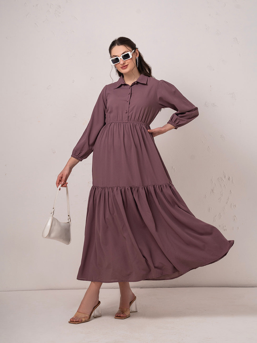 Dusty Mauve Modest Maxi Dress with Button Detail