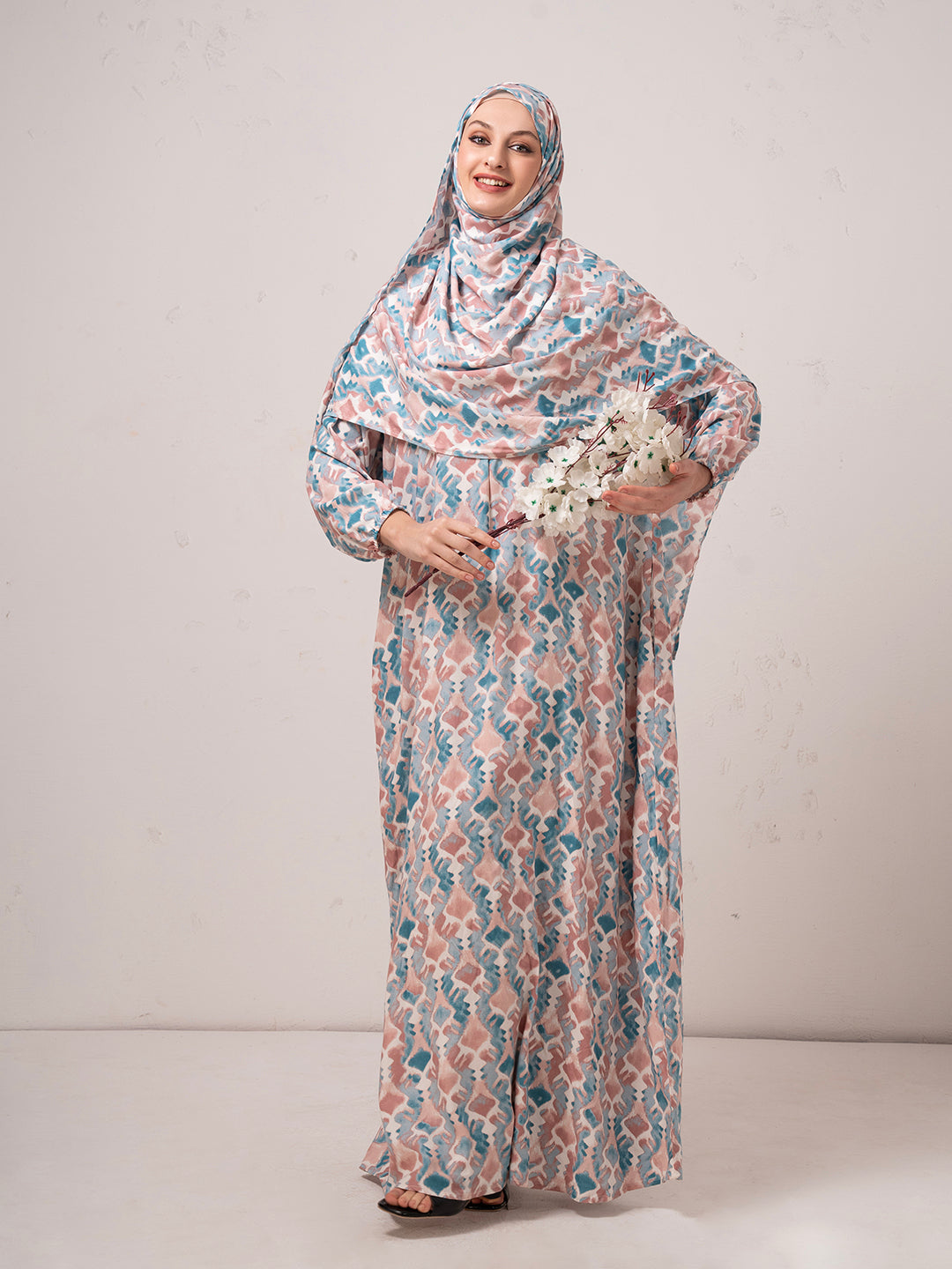 Blush & Teal Printed Modest Prayer Gown cum Abaya Set with Matching Headscarf