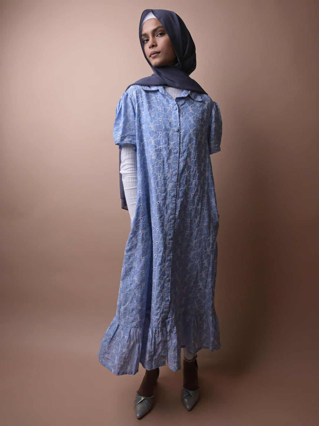 Embroidered Cotton Dress with Belt Blue