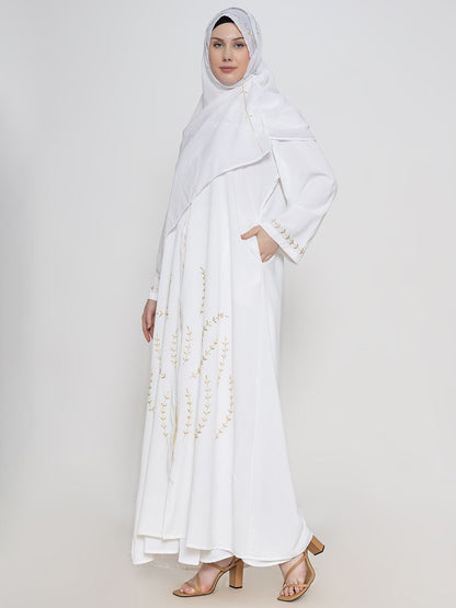 Women Embroidered Round Neck Abaya With Scarf