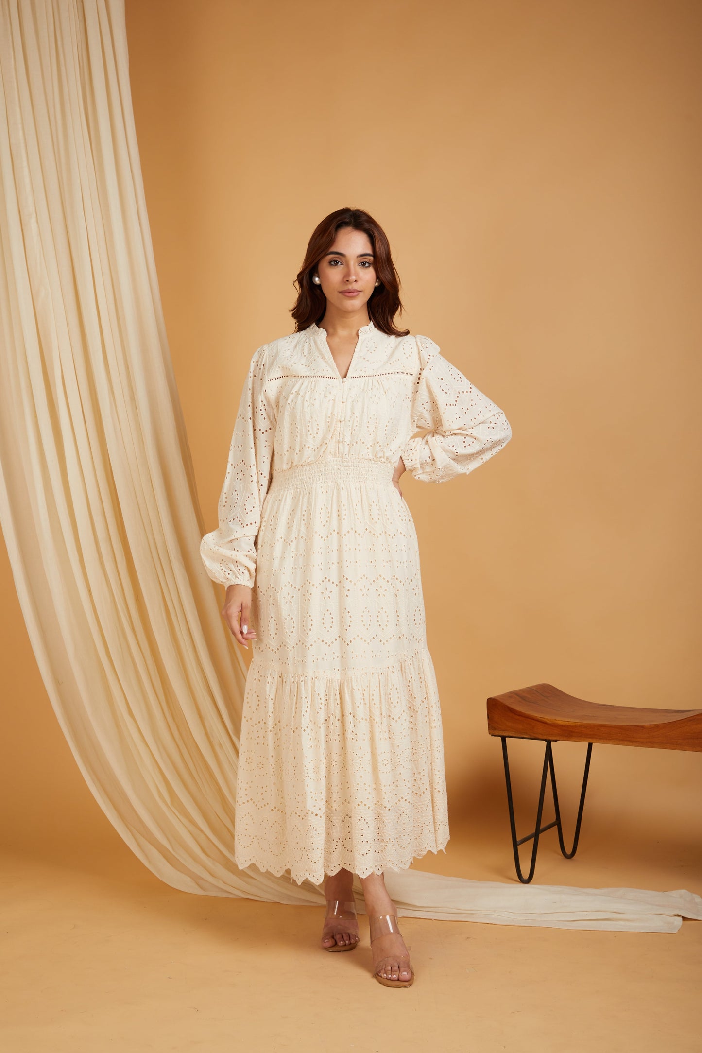 Premium Cotton Broadries Women's A-Line Maxi Dress with Lining