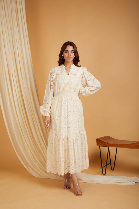 Premium Cotton Broadries Women's A-Line Maxi Dress with Lining