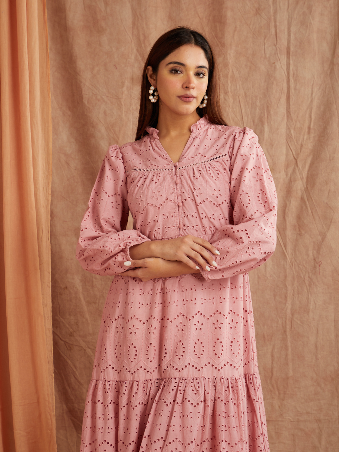 Dusty Rose Embroidered Maxi Dress – Graceful & Timeless