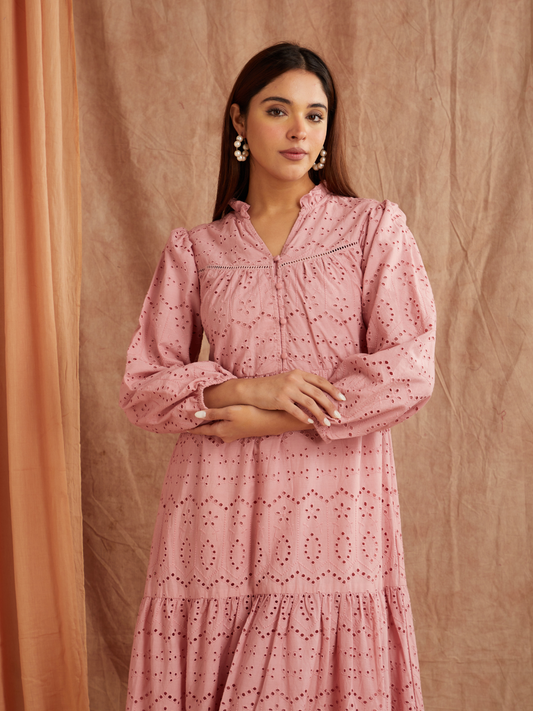 Dusty Rose Embroidered Maxi Dress – Graceful & Timeless