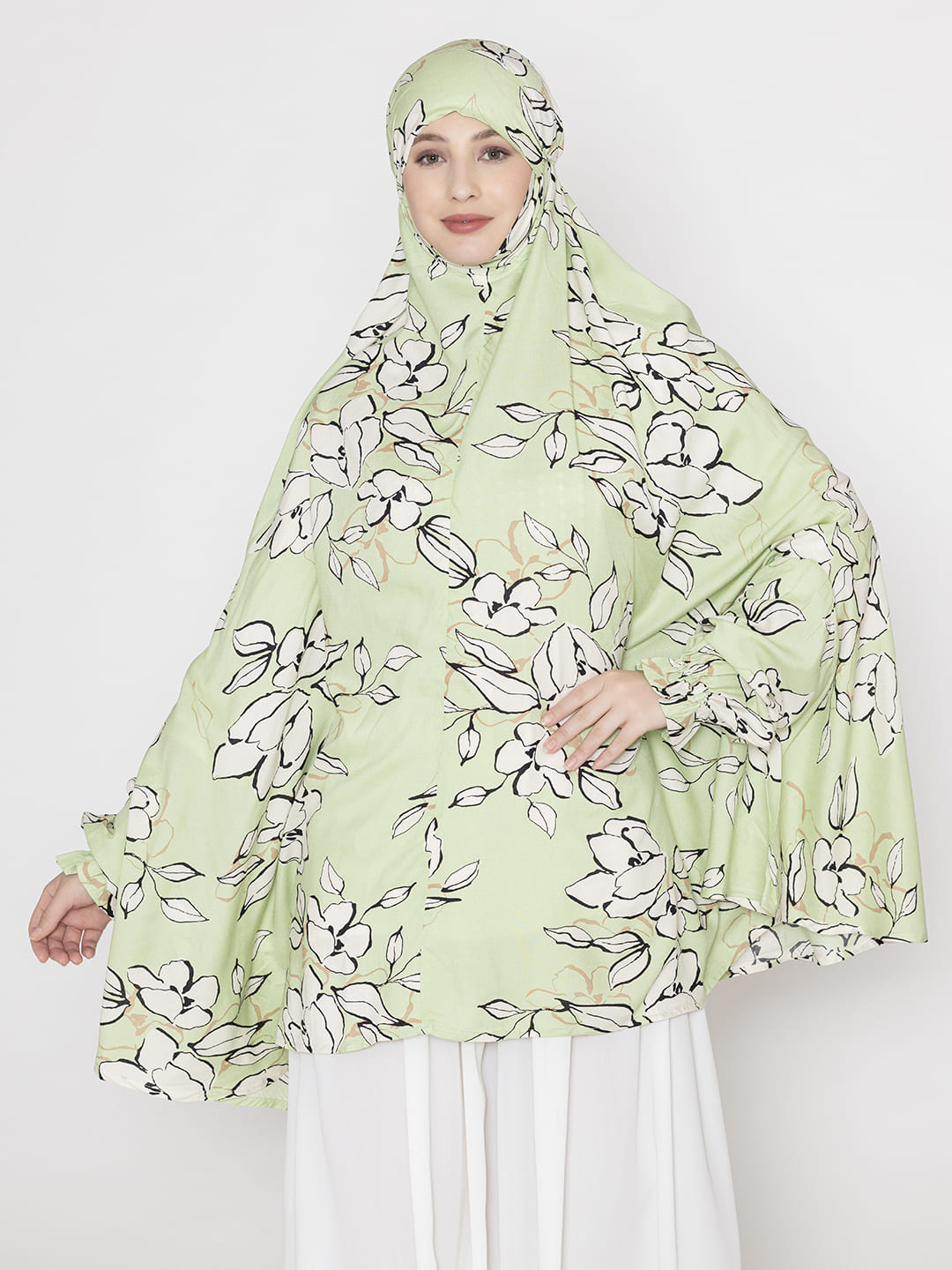 Leaf Print Namaz Makhna with Elasticated Sleeves