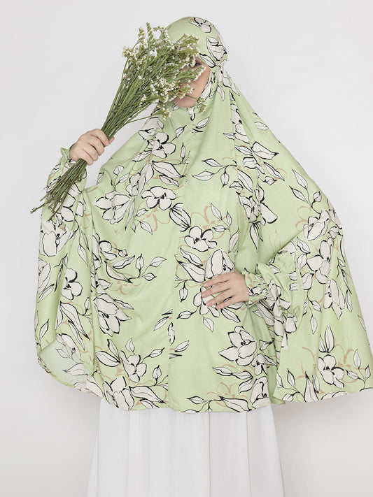 Leaf Print Namaz Makhna with Elasticated Sleeves