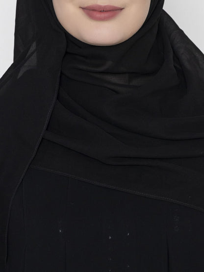 Front Pleated Abaya With Elasticated Sleeves & Scarf Black