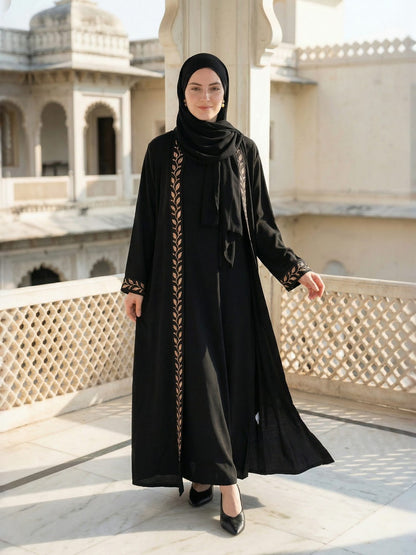 Embroidered Abaya Set with Matching Hijab & Inner Slip
