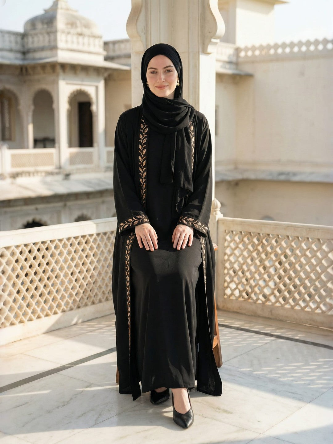 Embroidered Abaya Set with Matching Hijab & Inner Slip