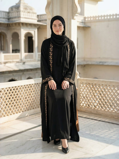 Embroidered Abaya Set with Matching Hijab & Inner Slip
