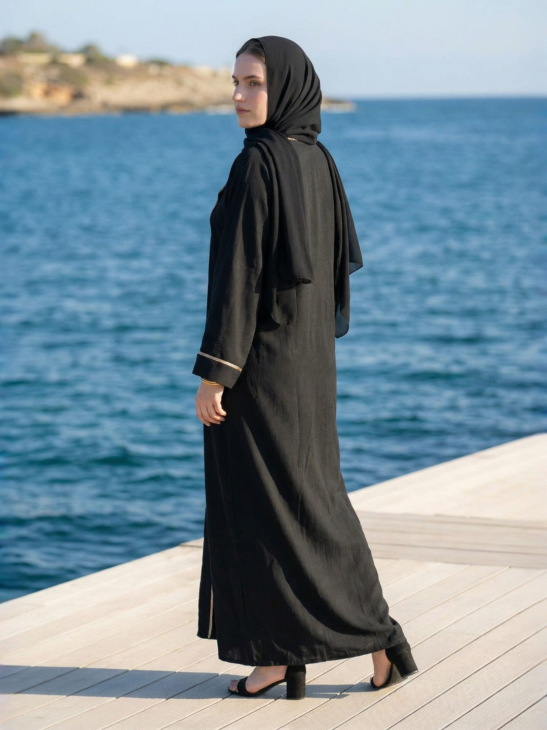 Classic Black Abaya with Elegant Contrast Embroidery with inside slip and matching scarf