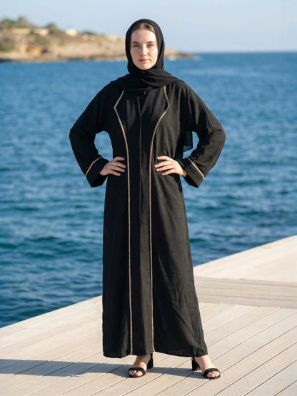 Classic Black Abaya with Elegant Contrast Embroidery with inside slip and matching scarf