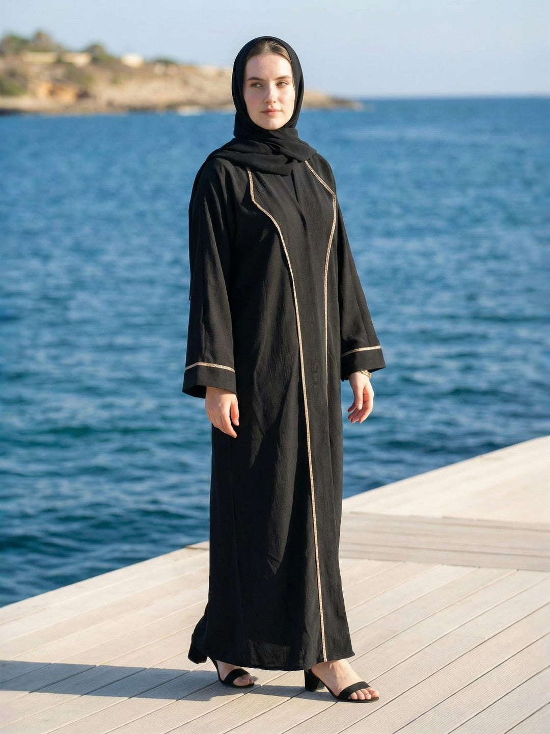 Classic Black Abaya with Elegant Contrast Embroidery with inside slip and matching scarf