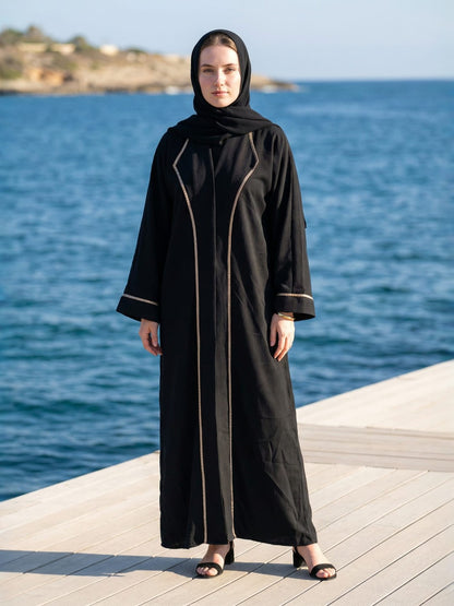 Classic Black Abaya with Elegant Contrast Embroidery with inside slip and matching scarf