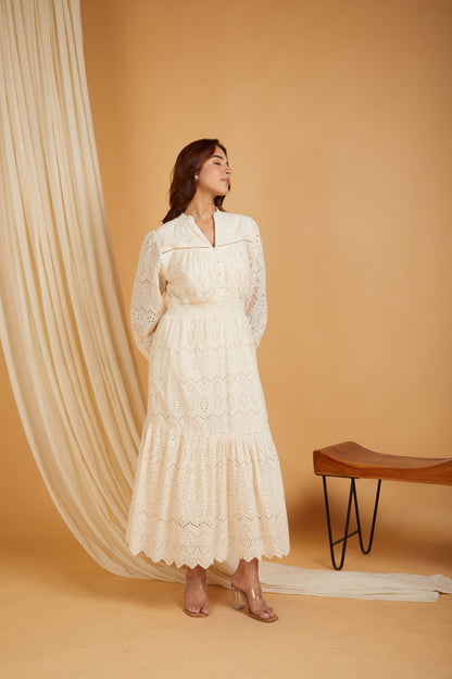 Premium Cotton Broadries Women's A-Line Maxi Dress with Lining