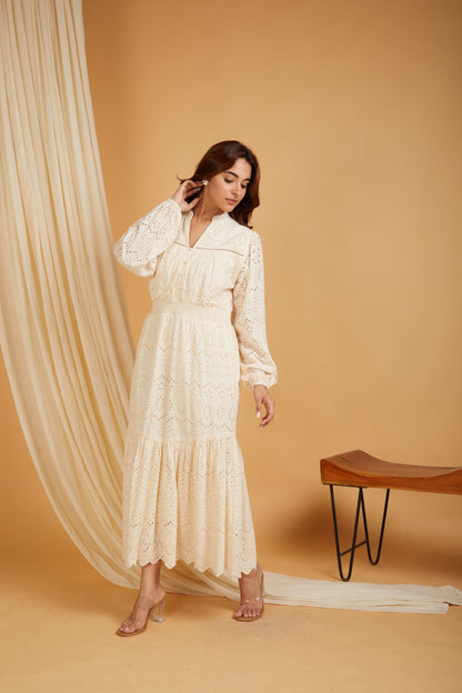 Premium Cotton Broadries Women's A-Line Maxi Dress with Lining