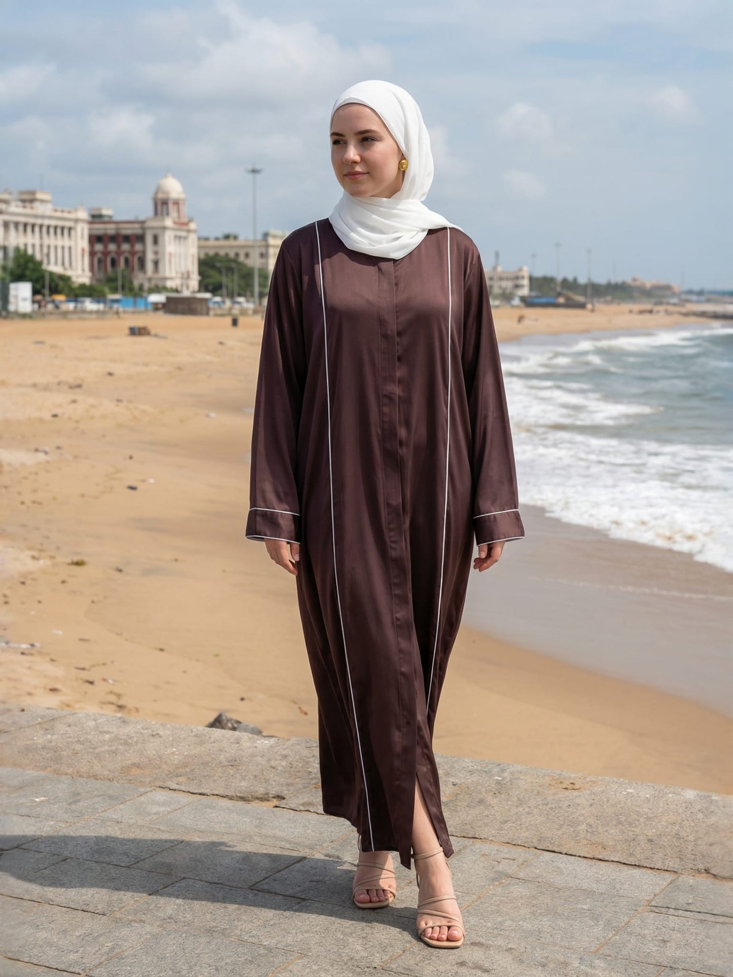 Minimalist Brown Abaya with Contrast Piping