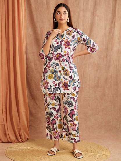 White Multi-Colored Floral Co-Ord Set – Effortlessly Artsy & Chic