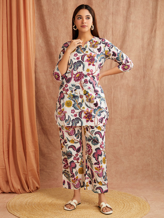 White Multi-Colored Floral Co-Ord Set – Effortlessly Artsy & Chic
