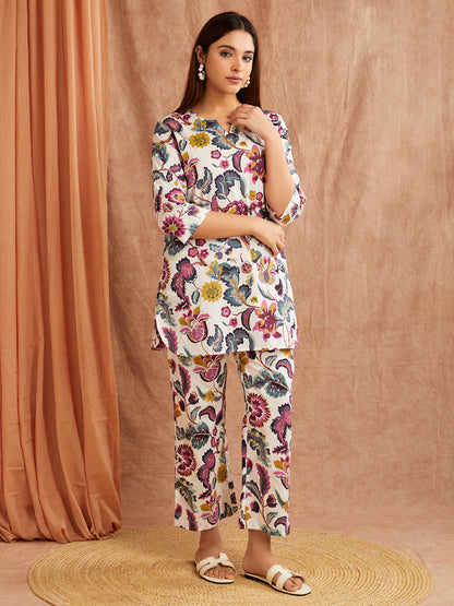 White Multi-Colored Floral Co-Ord Set – Effortlessly Artsy & Chic
