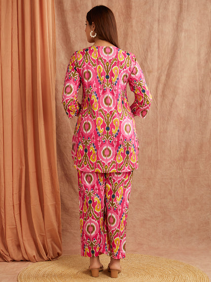 Fuchsia Pink Printed Co-Ord Set – Bold & Vibrant Straight Fit