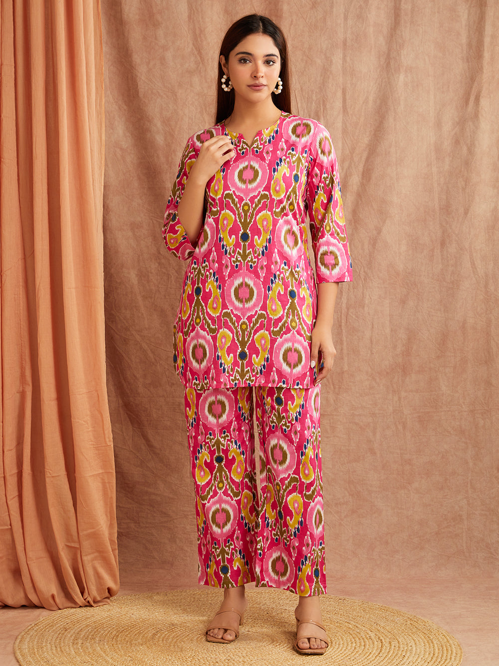 Fuchsia Pink Printed Co-Ord Set – Bold & Vibrant Straight Fit