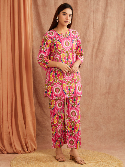 Fuchsia Pink Printed Co-Ord Set – Bold & Vibrant Straight Fit
