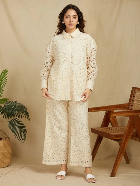 SANASH Collections Schiffli Embroidered Longline Shirt With Trousers