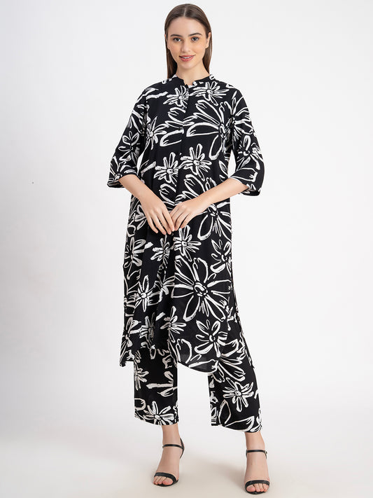 Floral Printed Mandarin Collar Tunic With Trousers