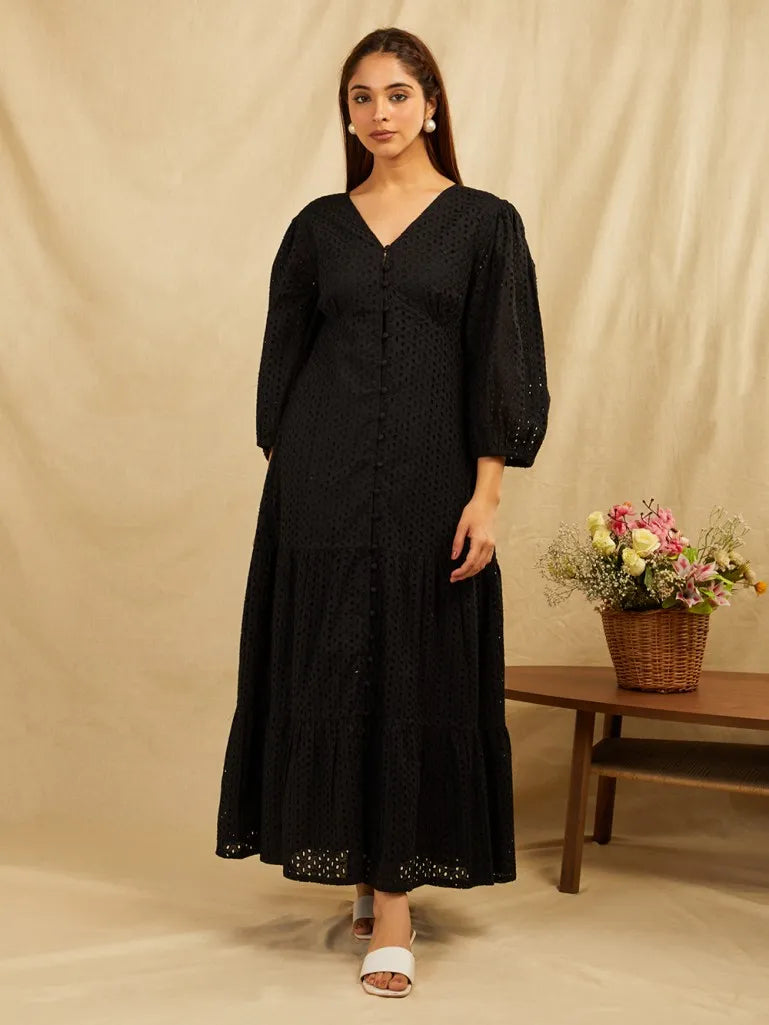 Embroidered Puffed Sleeves Tiered Cotton Fit and Flare Maxi Dress