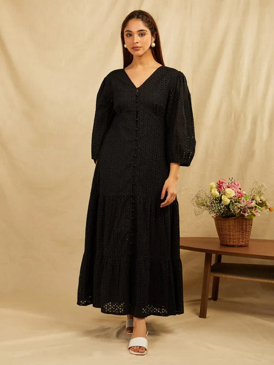 Embroidered Puffed Sleeves Tiered Cotton Fit and Flare Maxi Dress