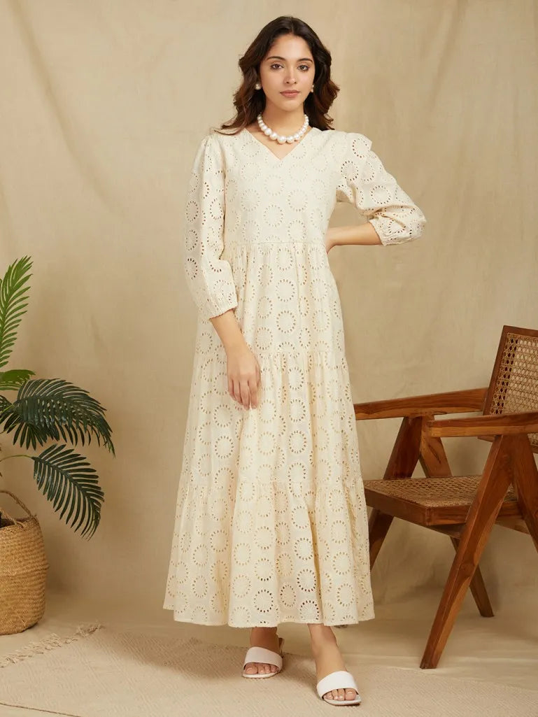 Self Design Puff Sleeve Cotton Schiffli Tiered Maxi Dress