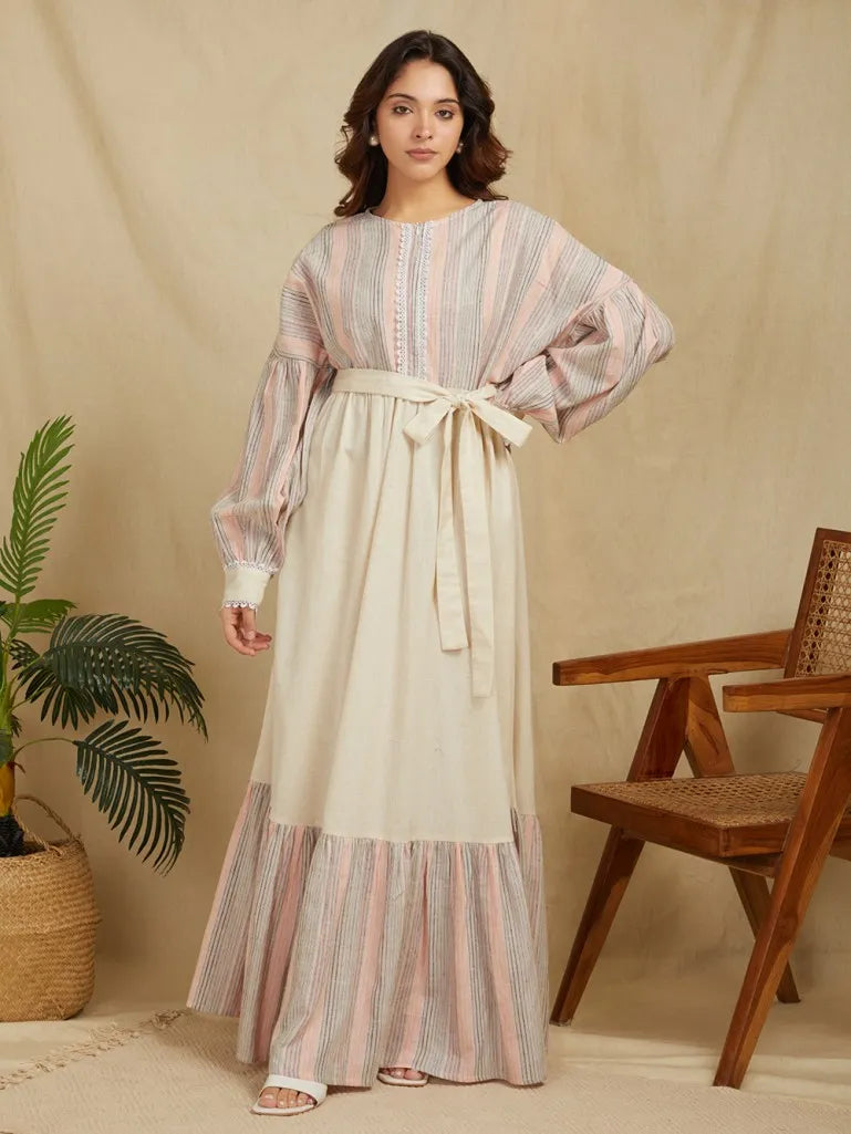 Striped Cuffed Sleeves Cotton Linen Tie-Ups Linen  Maxi Dress