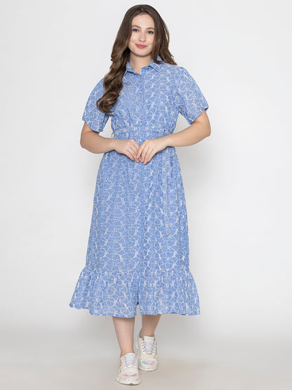Floral Broadries Cotton Shirt Midi Dress With inside cotton lining and belt