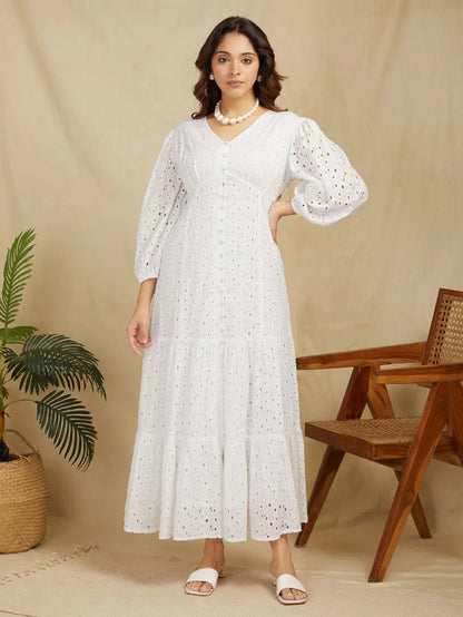 Cotton Broadries  Self Design Puff Sleeve Schiffli Tiered Maxi Dress with Lining