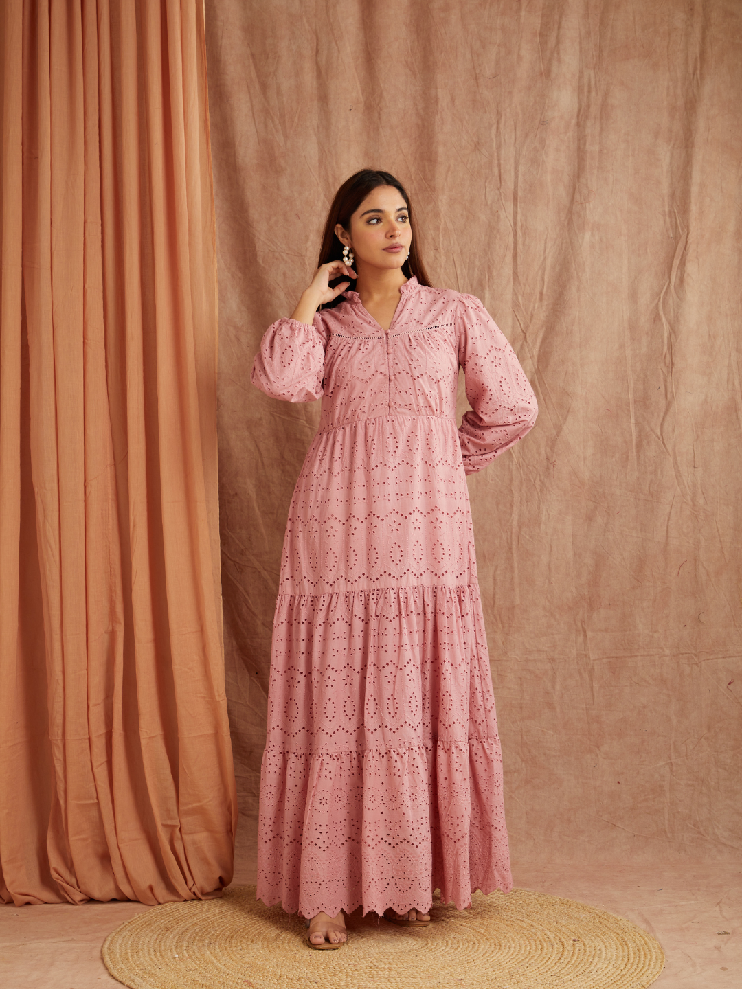 Dusty Rose Embroidered Maxi Dress – Graceful & Timeless