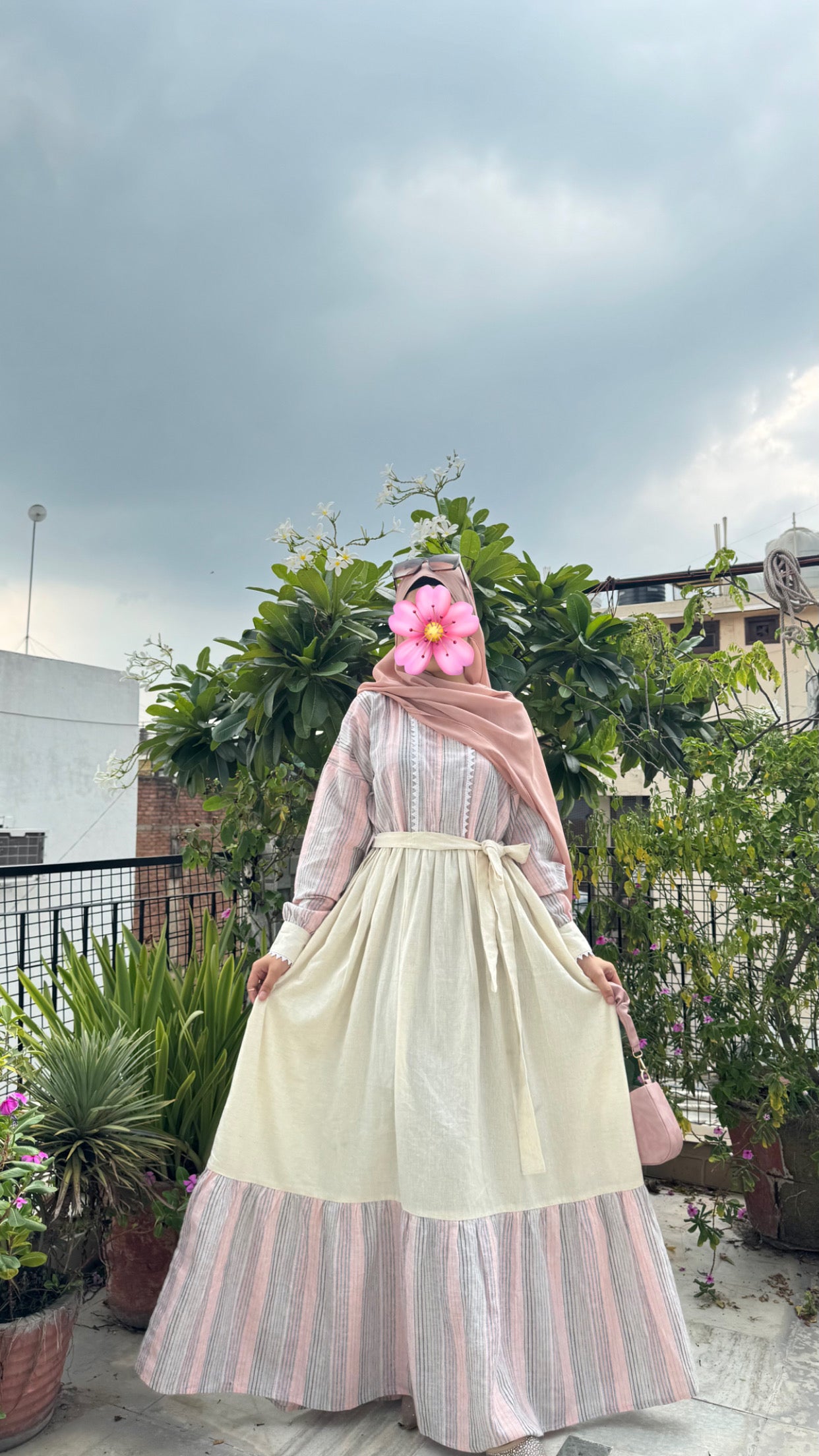 Elegant Pastel Striped Maxi Dress with Belt – Modest Wear