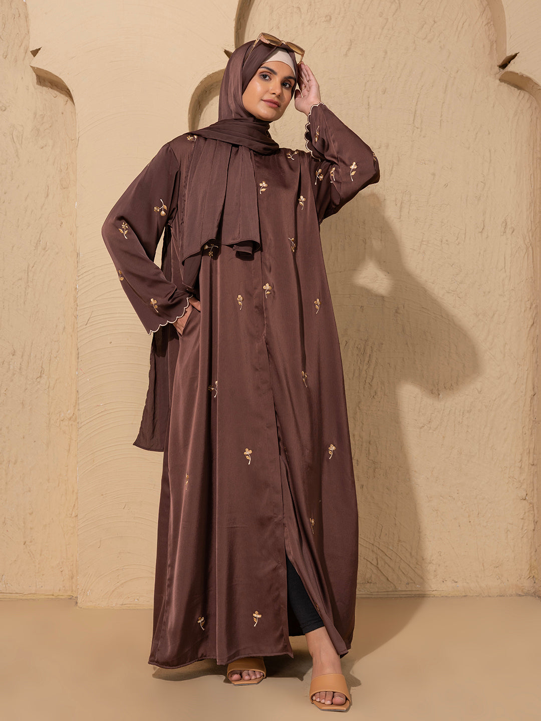 Brown Embroidered  Abaya – Front Open Modest Wear with Golden Floral Detailing