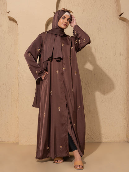 Brown Embroidered  Abaya – Front Open Modest Wear with Golden Floral Detailing