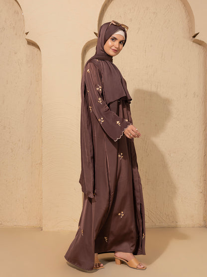 Brown Embroidered  Abaya – Front Open Modest Wear with Golden Floral Detailing