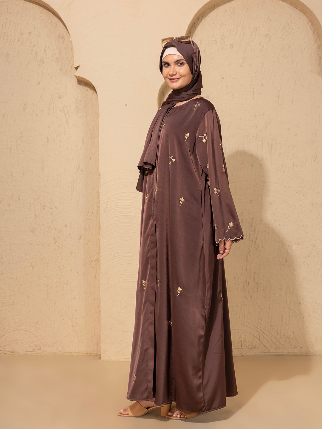 Brown Embroidered  Abaya – Front Open Modest Wear with Golden Floral Detailing