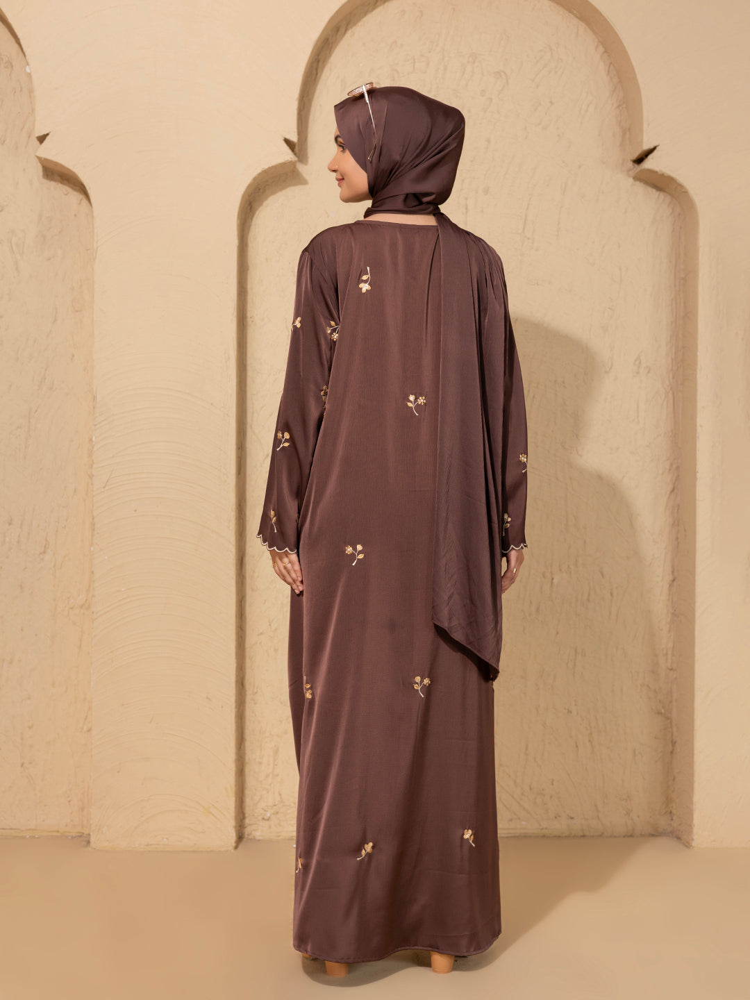Brown Embroidered  Abaya – Front Open Modest Wear with Golden Floral Detailing