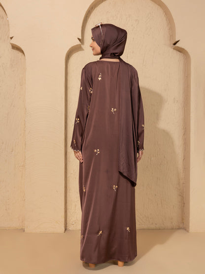 Brown Embroidered  Abaya – Front Open Modest Wear with Golden Floral Detailing