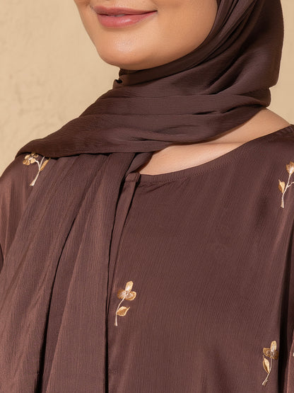 Brown Embroidered  Abaya – Front Open Modest Wear with Golden Floral Detailing